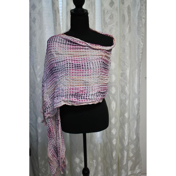 Scarf /73 inches / Cream scarf with purple, pink and orange. - Picture 5 of 8